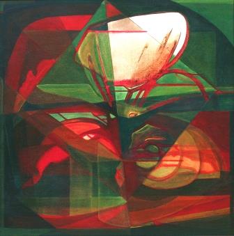 Nymphaea, 100×100, acryl op doek Rood-groen contrast versterkt de lege witte vorm als een waterlelie in de knop CREDITS: Gonny Geurts