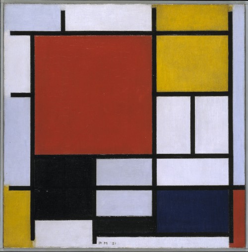 Piet Mondriaan, Compositie met groot rood vlak, geel, zwart, grijs en blauw, 1921, olieverf op doek, 59,5 x 59,5 cm. Collectie Gemeentemuseum Den Haag © 2007 Mondrian/Holtzman Trust c/o HCR International, Warrenton (VA, USA) 