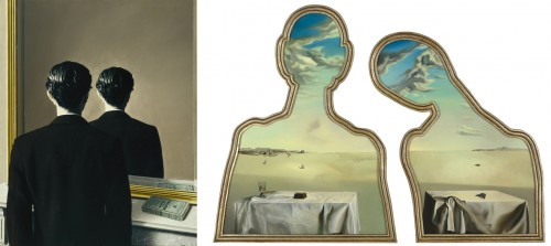 Links: René Magritte, La reproduction interdite, 1937. Collectie: Museum Boijmans Van Beuningen. Rechts: Salvador Dalí, Couple aux têtes pleines de nuages, 1936. Collectie: Museum Boijmans Van Beuningen.