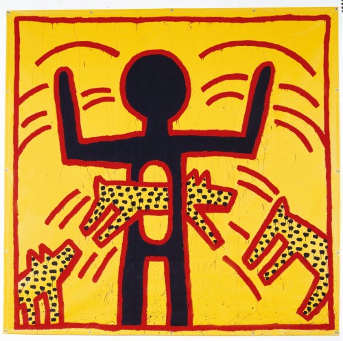 01 – Keith Haring Zonder titel, vinylverf op vinyltarp, 365,7 x 375,9 cm, 1982 © Keith Haring Foundation Salama bint Hamdan Al Nahyan Stichting, Abu Dhabi
