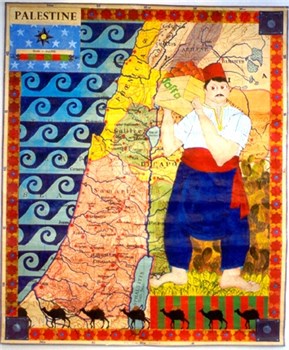 Jaffa 1, 2002, water- en acrylverf op gedrukte vintage kaart CREDITS: Eliahou Eric Bokobza, verzameling Tzale Kirzner, Joods Historisch Museum